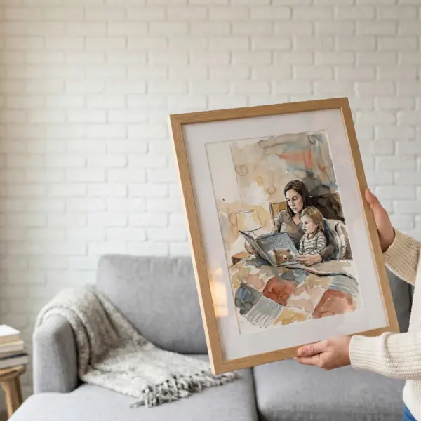 Landing woman child bed holding frame